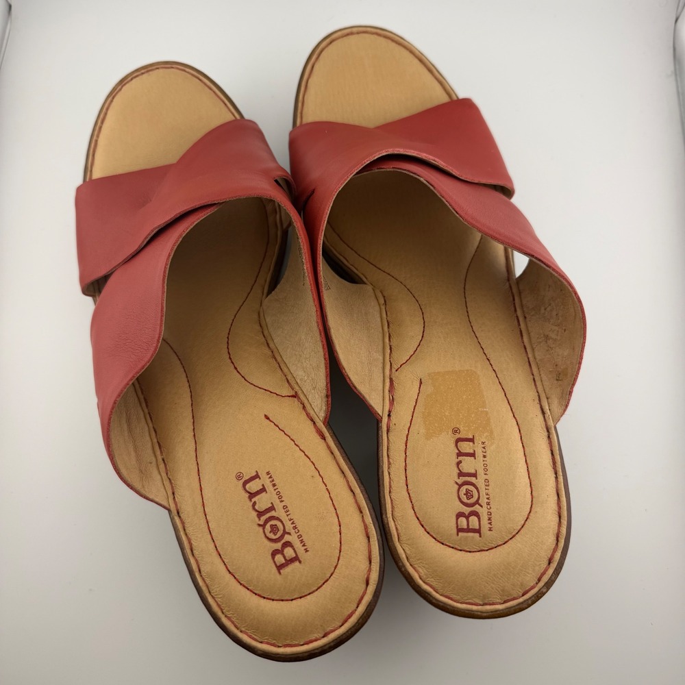 Born Wedge Sandals Women 11M Red Leather Crisscross Slide 3" Heel - Picture 3 of 10